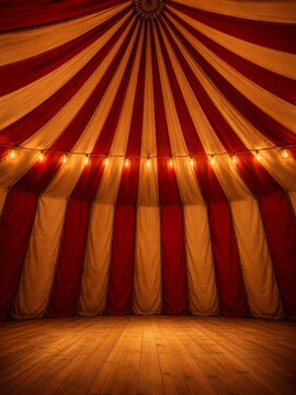 Red Cream Candy Stripe Circus Tent Interior with Edison Lights for Event Design