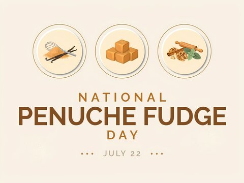 National penuche fudge day july 22 celebration graphic with baking ingredients and caramel squares