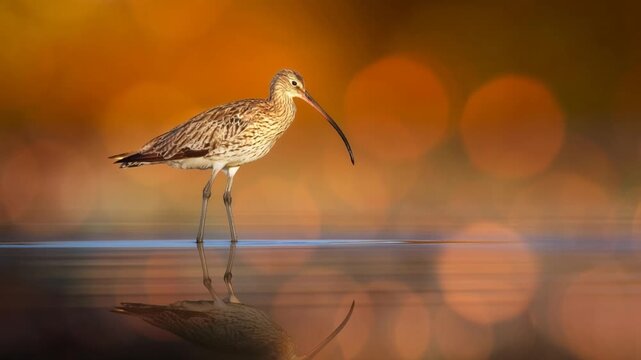 Eurasian Curlew Foraging in Shallow Water at Golden Hour.