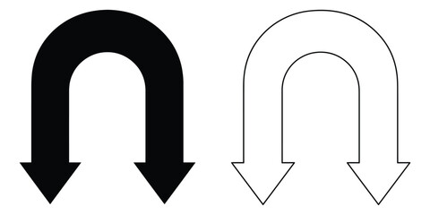 U turn arrow icons, curved directional symbols in solid and outline styles for navigation maps, user interface graphics, and wayfinding design elements ©  