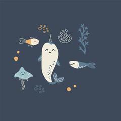 Cute narwhal and starfish and tropical fish composition. Kids print with sea animals and creatures. Cartoon doodle vector illustration on dark background. © ZhumaStudio