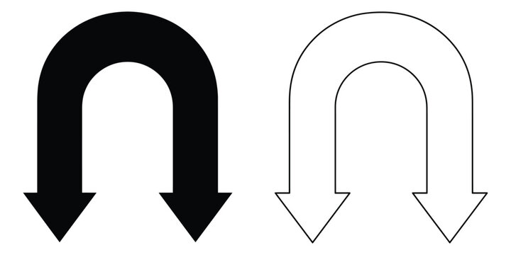 U turn arrow icons, curved directional symbols in solid and outline styles for navigation maps, user interface graphics, and wayfinding design elements