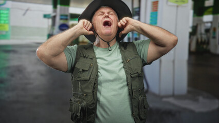 Man fisherman plugs ears with fingers wearing fishing vest and hat in a building forecourt gas station  discomfort. © Krakenimages.com