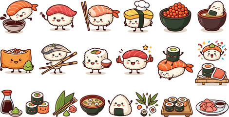Cute Kawaii Sushi Characters Set Cartoon Japanese Food Collection Vector Illustration Isolated White Background © Ratna