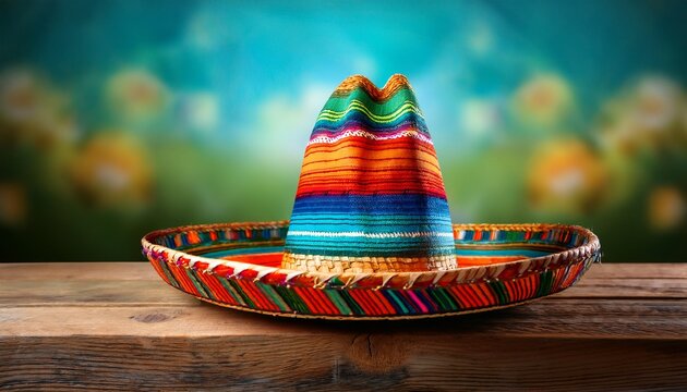 bright traditional mexican sombrero paired with colorful woven poncho on weathered wooden surface featuring blurred blue and green background