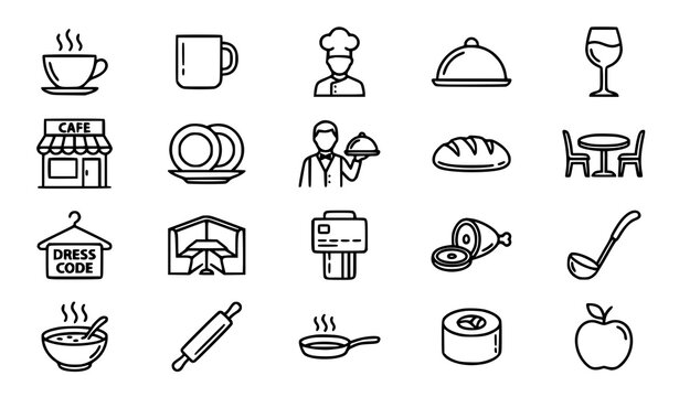 Thin Line Restaurant Dining and Food Service Icon Set with Cafe Kitchen and Menu Symbols