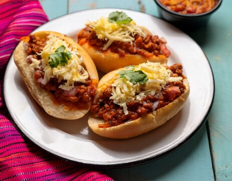 classic mexican molletes served on bolillo bread with refried beans cheese pico de gallo and spicy chorizo
