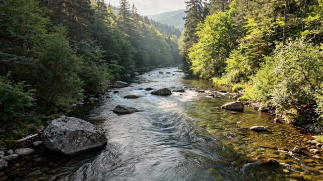 Peaceful Forest River Flowing Through Green Mountain Valley