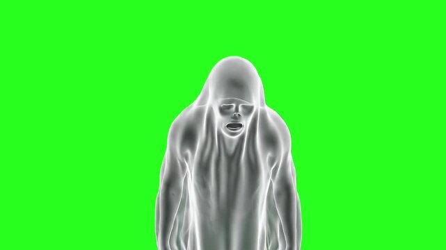 Scary White Ghost Screaming and Raising Hands in Despair on Green Screen Chroma Key