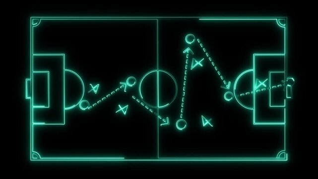 Soccer football strategy and tactics scheme with arrow and players on Green Field with animated arrows and players movements. Motion graphics of goal concept. 4k vedio.