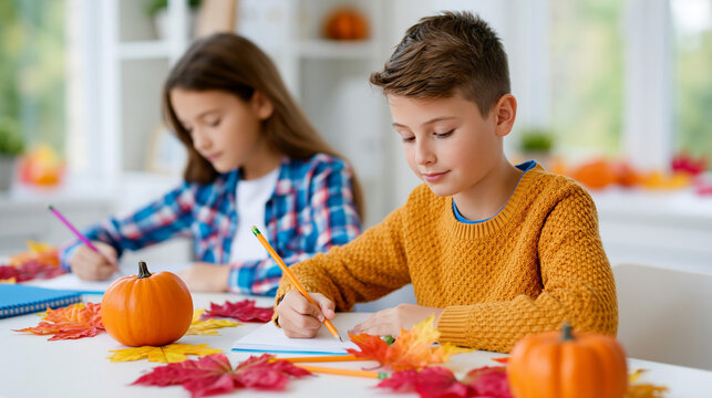 Children drawing autumn pictures with pumpkins and colorful fall leaves during creative classroom activity