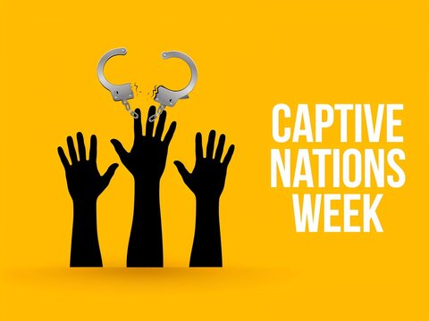 Captive nations week concept with broken handcuffs and raised hands silhouette on yellow background