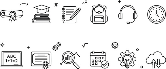 Minimalist e learning education line icon set featuring graduation diploma mortarboard notebook backpack headphones clock blackboard certificate vector © Mstshneha