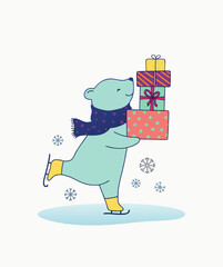 Fototapeta premium Polar bear with the gifts, snow skiing with muffler