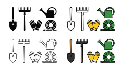 Gardening tools icons set with shovels rakes gloves and watering cans in various styles © vector artist
