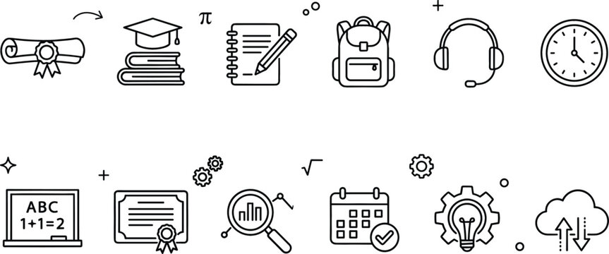 Minimalist e learning education line icon set featuring graduation diploma mortarboard notebook backpack headphones clock blackboard certificate vector