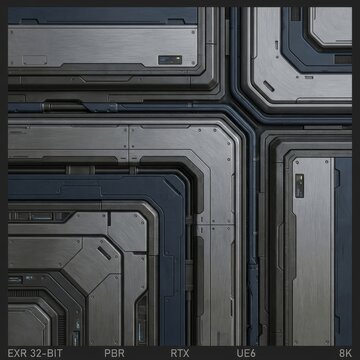 High-resolution seamless PBR texture of detailed sci-fi metallic panels. Ideal for game environments, industrial design, or futuristic backgrounds. 