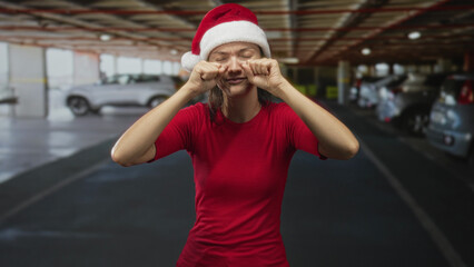 Fototapeta premium Woman rubbing eyes with hands and santa hat in a parking garage building, red shirt visible; holiday fatigue.