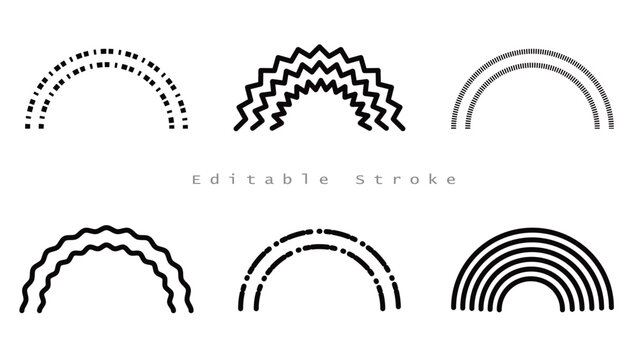 Abstract black and white rainbow arc shapes set with textured lines and patterns vector illustration
