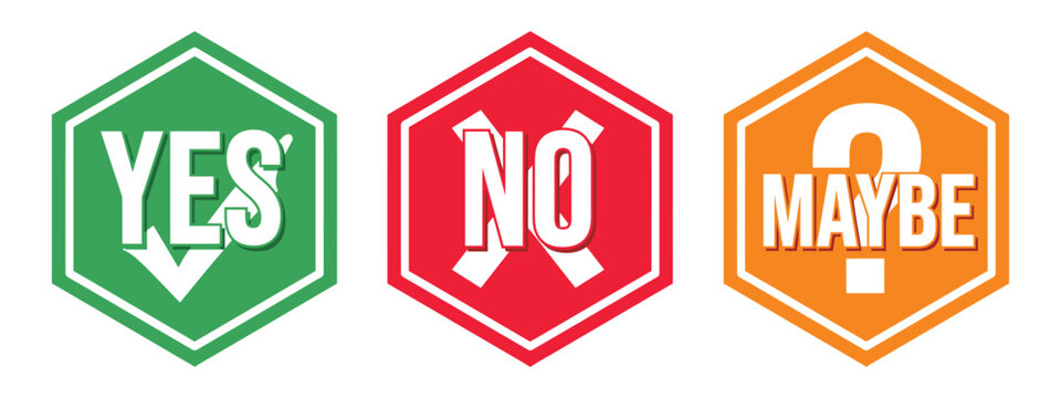Yes no maybe icon set vector illustration with checkmark cross and question mark symbols for voting, approval, and decision making interface indicators