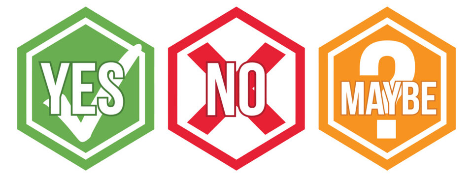 Yes no maybe icon set vector illustration with checkmark cross and question mark symbols for voting, approval, and decision making interface indicators