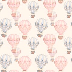 Naklejka premium Pastel Hot Air Balloon Seamless Pattern Dreamy Sky Background