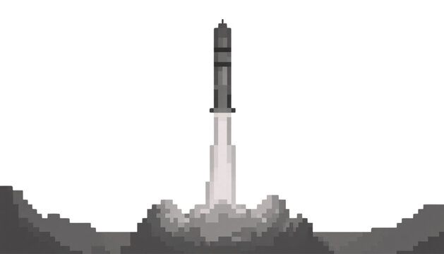 Pixelated rocket blasts off from a digital terrain leaving a trail of square smoke particles beneath it in a stylized representation of early computer gaming aesthetics and retro technology themes.