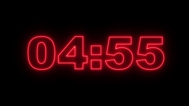 glowing neon 5 minute Countdown. neon 5 to 4 minute Countdown timer on black background. neon Countdown timer from 5 minute to 4 minute suitable for presentations, educational. 4k video Animated.