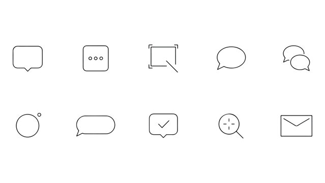 Collection of simple linear icons for user interfaces communication and social media chat bubbles, email, zoom, profile, menu dots, checkmark and more.