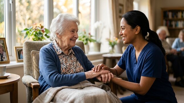 Caring Nurse With Elderly Woman In Retirement Home