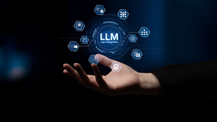 Fototapeta premium Large Language Model LLM processing data. Represents deep text learning, natural language processing NLP AI tech, transformer architecture, and generative AI deep learning future technology. Corpus