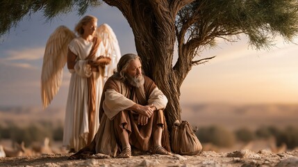 Fototapeta premium Elijah resting beneath a broom tree as an angel brings bread and water in the desert at sunrise.