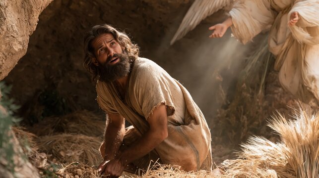 Gideon threshing wheat in a winepress as the angel of the Lord appears before him.