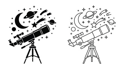 Telescope With Celestial Elements Black Line Art Illustration © As