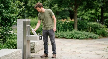 Fototapeta premium Man refilling a reusable metal water bottle at a public drinking fountain in a park. Sustainable lifestyle and plastic free concept