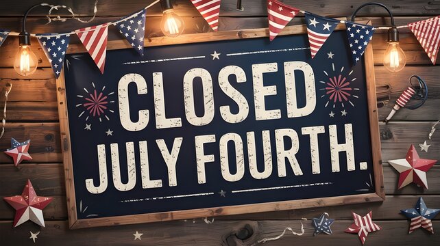 A chalkboard sign with a patriotic theme announcing business closure on july fourth with stars and bunting