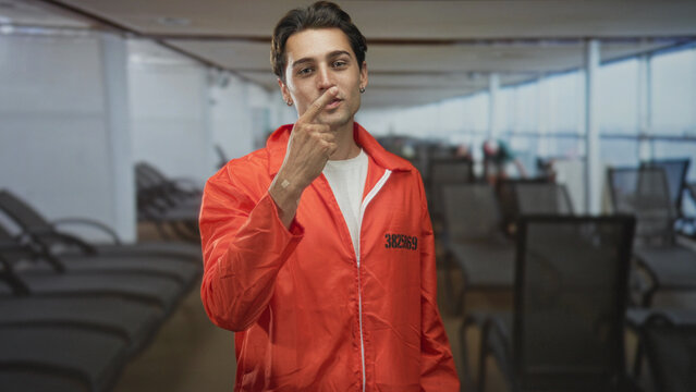 Man prisoner in orange jumpsuit makes heart gesture with hands over chest in airport terminal seating area, facing camera with faint smile; hope redemption.