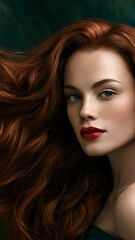 Naklejka premium Portrait of a beautiful young redhead woman with long flying wavy hair on a dark green abstract background