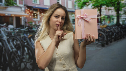 Fototapeta premium Young blonde woman smiling and holding a pink gift box on a street with parked bicycles and city buildings in amsterdam; joy.
