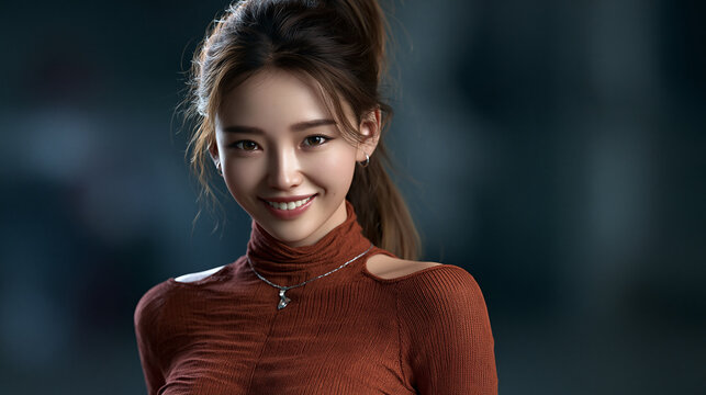 21 year old chinese sweet girl with bright almond eyes and cheerful smile, youthful chinese woman with chestnut ponytail and fair skin portrait, happy petite asian woman smiling at camera with natural