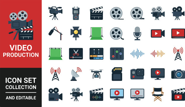 Video production icon set featuring movie cameras and studio equipment