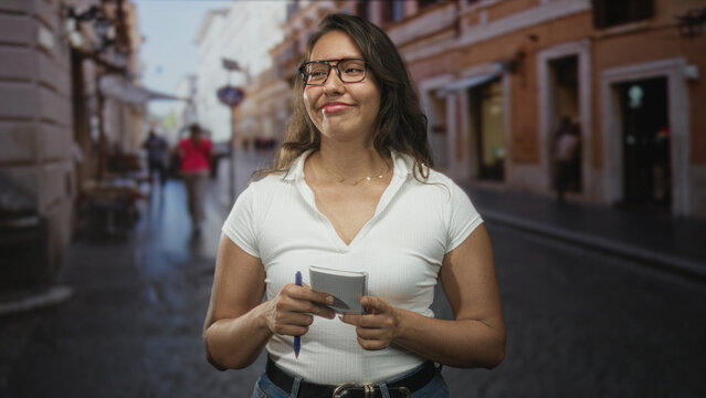 Young latina woman holding notebook and pen with hands visible on a cobbled city street; observation curiosity thoughtful.