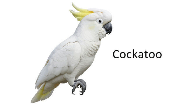 Stunning White Cockatoo Parrot Featuring a Distinctive Yellow Crest Isolated on a Clean White Background for Wildlife and Nature Design Projects