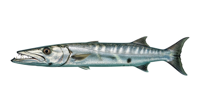 Detailed Illustration of a Predatory Great Barracuda Fish Isolated on a White Background for Marine Life Study