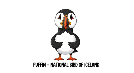 Obraz premium A Cute Illustrated Atlantic Puffin Representing The National Bird Of Iceland Standing On A White Background In A Vector Style