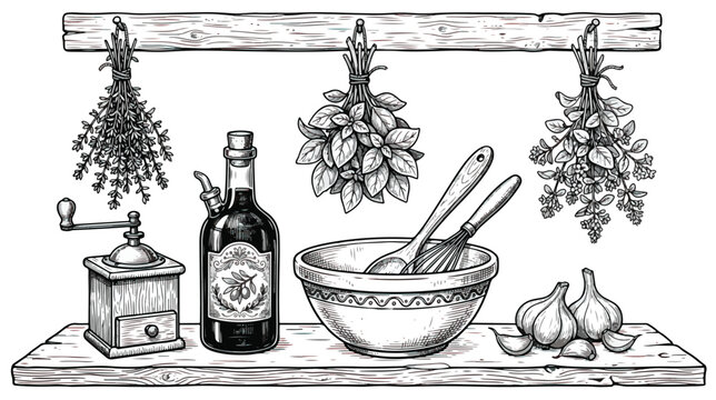Vintage kitchen herb garden illustration, rustic wood shelf with hanging dried herbs and olive oil bottle, hand drawn culinary cooking tools vector