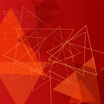 Modern red abstract background featuring layered transparent polygons golden geometric lines and dotted texture for business branding presentation