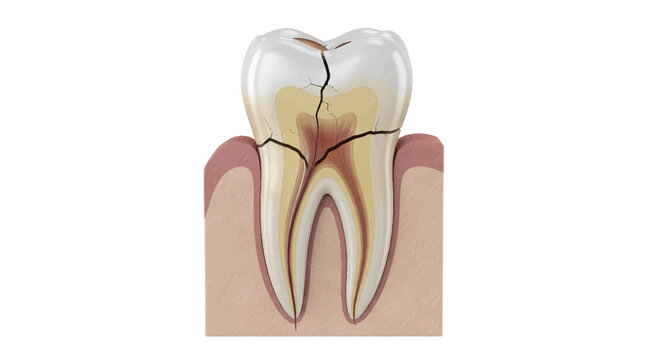Anatomical cross section of a fractured human tooth showing internal damage and structural crack extending through the dentin and enamel layers