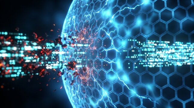 Glowing hexagonal digital sphere with streams of data particles converging at center, futuristic technology and data flow concept.