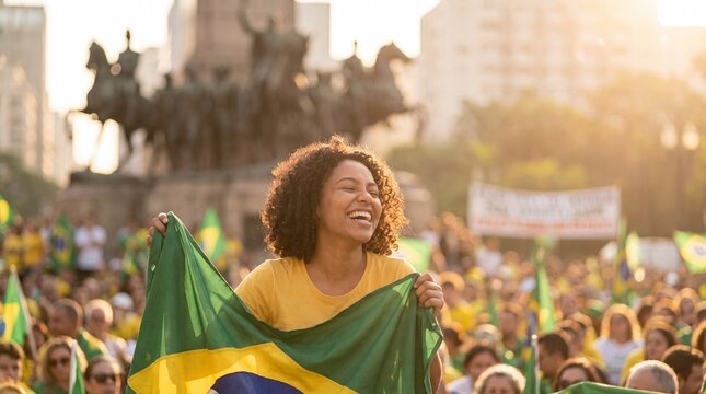 Black girl holding Brazilian flag in crowd during 7 September Independence Day parade at Parque da Independ&ecirc;ncia, S&atilde;o Paulo, Brazil